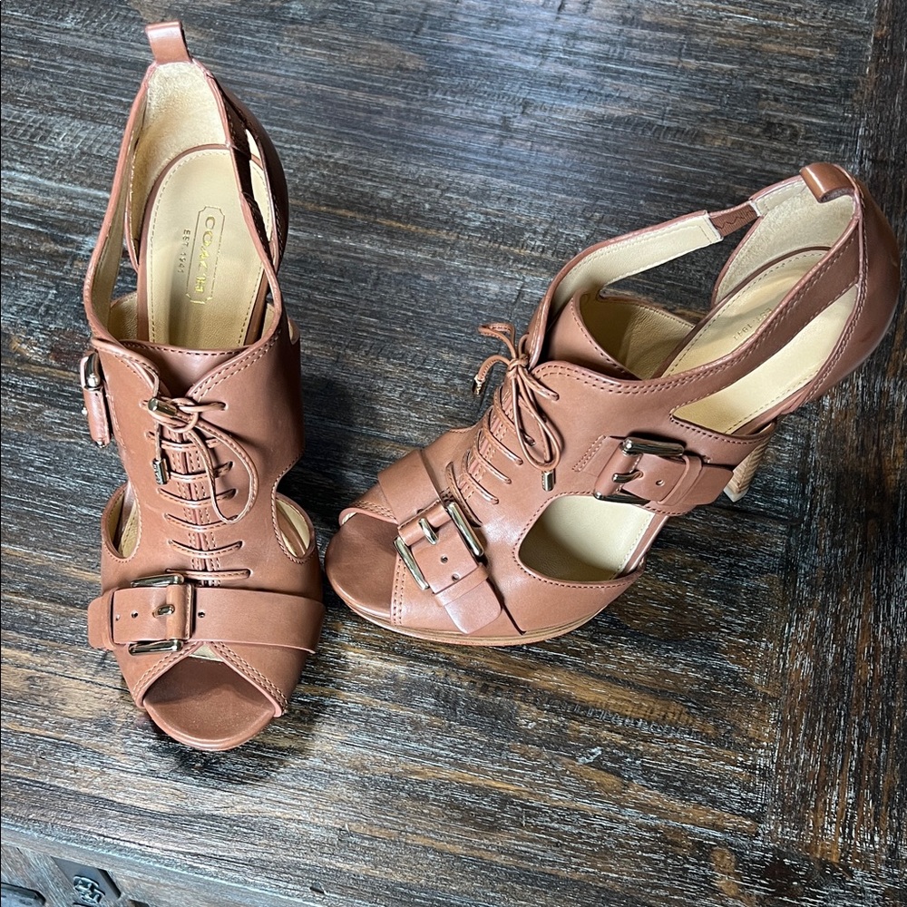 Coach Brown Leather Lace-Up Peep-Toe Heels with Buckle Detail